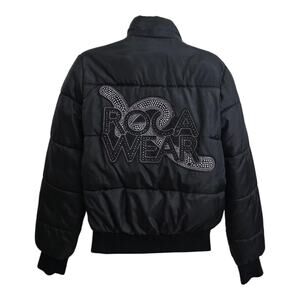 Y2K Rocawear Rhinestone Back Logo Crop Puffer Jacket Small Black Streetwear